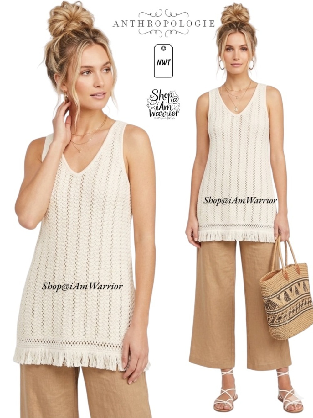 Anthropologie {Knitted & Knotted} NWT ivory fringe tunic sweater